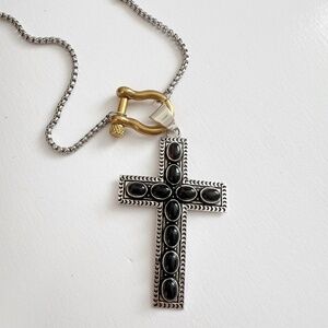 925 Sterling Silver Onyx Cross Gemstone With Holder Necklace Womens Jewelry